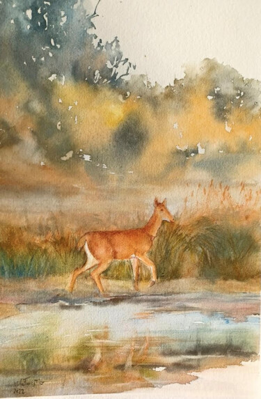 Painting titled "La biche court" by Véronique Le Forestier, Original Artwork, Watercolor