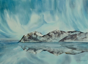 Peinture intitulée "Aurore boréale bleue" par Véronique Le Forestier, Œuvre d'art originale, Aquarelle