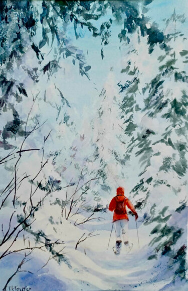 Painting titled "Raquettes dans la f…" by Véronique Le Forestier, Original Artwork, Watercolor