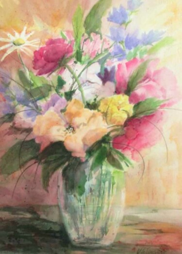 Painting titled "Fleurs dans un vase…" by Véronique Le Forestier, Original Artwork