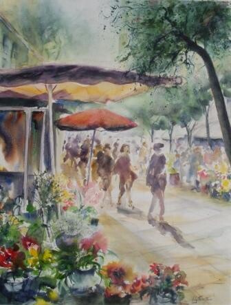 Pintura titulada "Marché aux fleurs" por Véronique Le Forestier, Obra de arte original