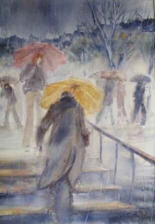 Peinture intitulée "Escalier- pluie" par Véronique Le Forestier, Œuvre d'art originale