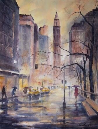 Peinture intitulée "N.Y. la nuit" par Véronique Le Forestier, Œuvre d'art originale, Aquarelle