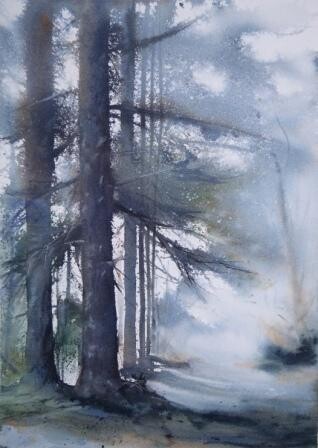 Painting titled "Sous bois-brouillard" by Véronique Le Forestier, Original Artwork