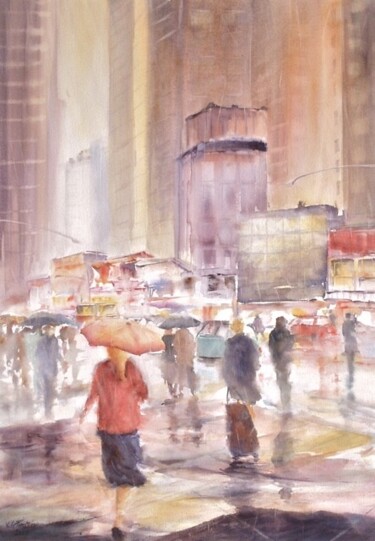 Peinture intitulée "N.Y. sous la pluie" par Véronique Le Forestier, Œuvre d'art originale