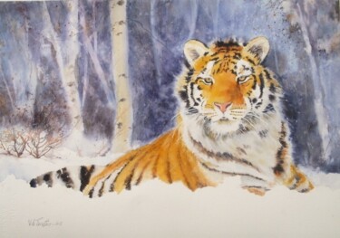 Painting titled "Tigre dans la neige" by Véronique Le Forestier, Original Artwork