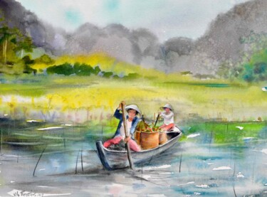 Peinture intitulée "vietnam-en-barque.j…" par Véronique Le Forestier, Œuvre d'art originale