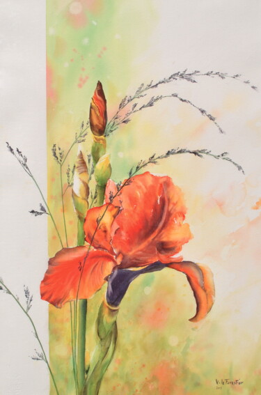 Peinture intitulée "Iris rouge et lavan…" par Véronique Le Forestier, Œuvre d'art originale