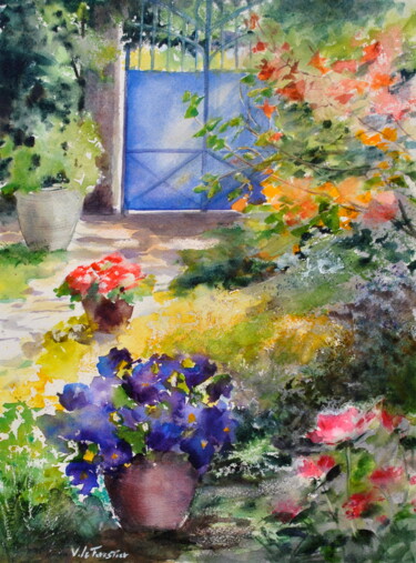 Painting titled "portail bleu" by Véronique Le Forestier, Original Artwork, Watercolor