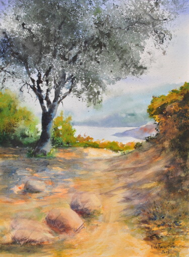 Painting titled "Chemin en Corse" by Véronique Le Forestier, Original Artwork, Watercolor