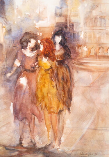 Painting titled "Sortir à Rome" by Véronique Le Forestier, Original Artwork, Watercolor