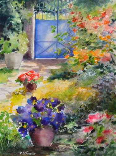 Painting titled "jardin fleuri" by Véronique Le Forestier, Original Artwork, Watercolor