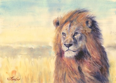 Pintura intitulada "lion-dans-la-savane…" por Véronique Le Forestier, Obras de arte originais, Aquarela