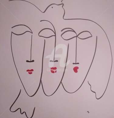 Dessin intitulée "Trois visages" par Véronique Marchese, Œuvre d'art originale, Marqueur