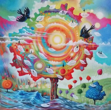 Schilderij getiteld "L'arbre et la lumiè…" door Véronique Merlault Peytour, Origineel Kunstwerk, Acryl Gemonteerd op Frame v…