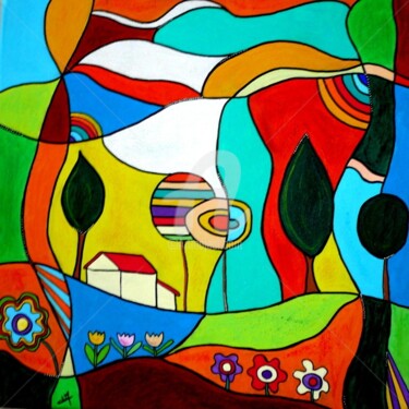 Peinture intitulée "FLEURS EN PAYSAGE" par Veronique Naffetat, Œuvre d'art originale, Huile