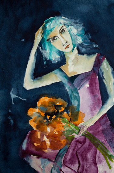 Peinture intitulée "Femme Blues 12" par Véronique Piaser-Moyen, Œuvre d'art originale, Aquarelle