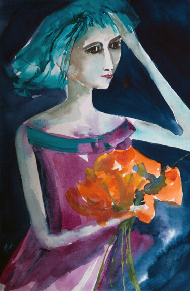 Peinture intitulée "Femme Blues 14" par Véronique Piaser-Moyen, Œuvre d'art originale, Aquarelle