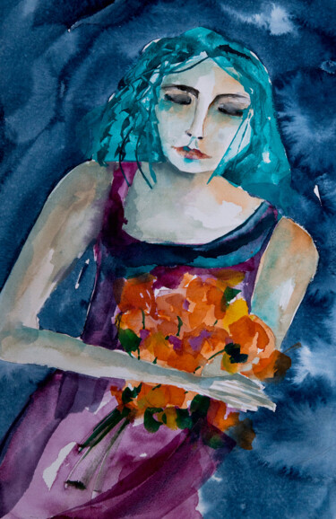 Peinture intitulée "Femme blues 17" par Véronique Piaser-Moyen, Œuvre d'art originale, Aquarelle