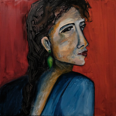Painting titled "La fille aux yeux i…" by Véronique Piaser-Moyen, Original Artwork, Oil Mounted on Wood Stretcher frame