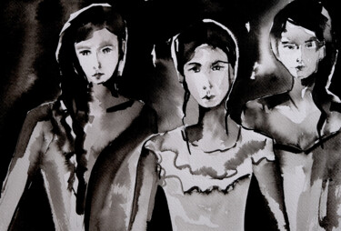 Картина под названием "Trois soeurs" - Véronique Piaser-Moyen, Подлинное произведение искусства, Чернила