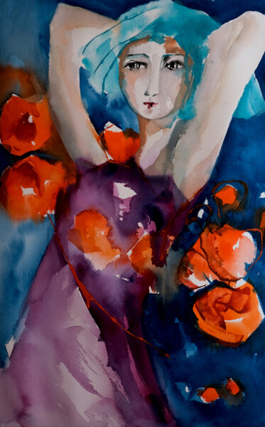 Painting titled "Femme blues 33" by Véronique Piaser-Moyen, Original Artwork, Watercolor Mounted on Cardboard