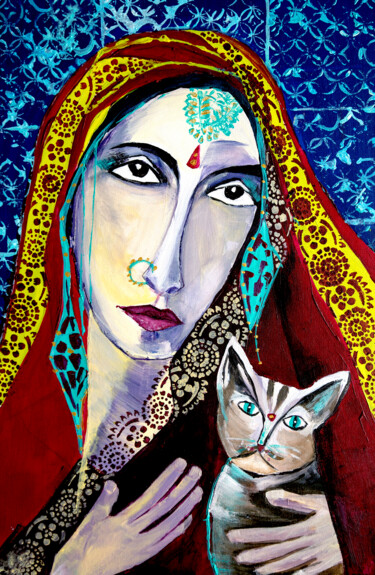Painting titled "Madone Indienne au…" by Véronique Piaser-Moyen, Original Artwork, Acrylic Mounted on Cardboard