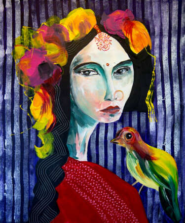 Pintura intitulada "Parrot fortune tell…" por Véronique Piaser-Moyen, Obras de arte originais, Acrílico Montado em Armação e…