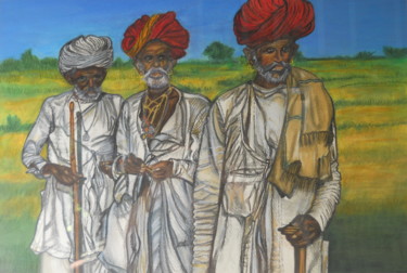 Dessin intitulée "Elégants Rajasthani" par Véronique Pophillat, Œuvre d'art originale, Crayon
