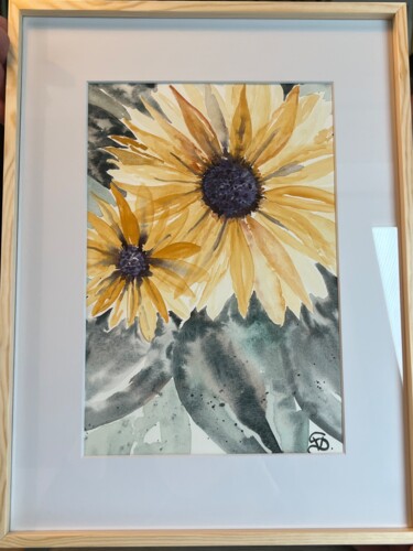 Painting titled "les tournesols" by Véronique Scotte, Original Artwork, Watercolor Mounted on Other rigid panel