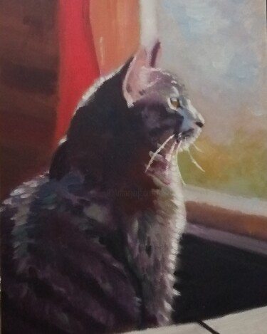 Painting titled "Mon chat" by Veronique Thisse, Original Artwork, Oil