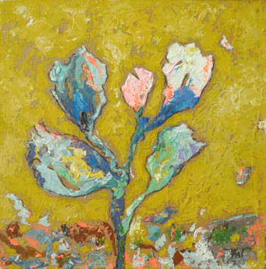 Pintura titulada "Bouquet fond jaune" por Véronique Wibaux, Obra de arte original, Acrílico