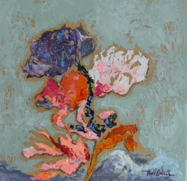 Painting titled "Bouquet fond bleu" by Véronique Wibaux, Original Artwork, Acrylic