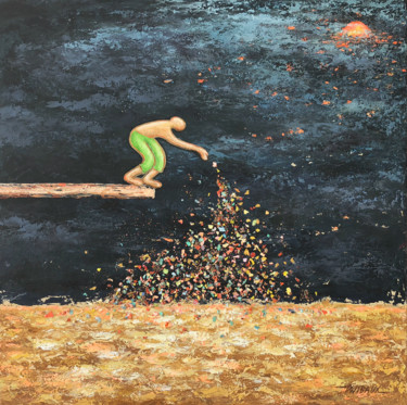 「Hommage à Neptume」というタイトルの絵画 Véronique Wibauxによって, オリジナルのアートワーク, アクリル ウッドストレッチャーフレームにマウント