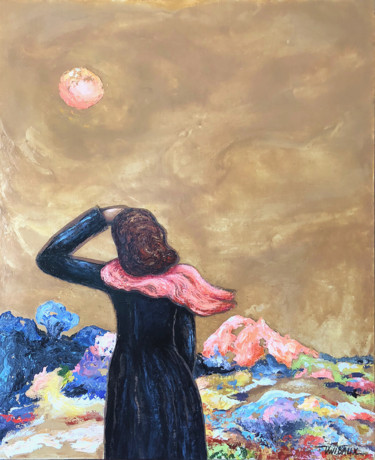 Schilderij getiteld "Lune rousse" door Véronique Wibaux, Origineel Kunstwerk, Acryl Gemonteerd op Frame voor houten brancard