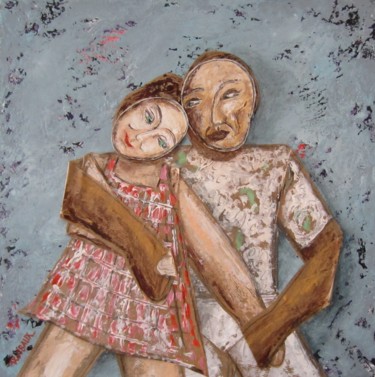 Schilderij getiteld "Couple pantins" door Véronique Wibaux, Origineel Kunstwerk, Acryl Gemonteerd op Frame voor houten branc…