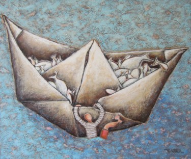 Schilderij getiteld "Le rescapé" door Véronique Wibaux, Origineel Kunstwerk, Acryl Gemonteerd op Frame voor houten brancard