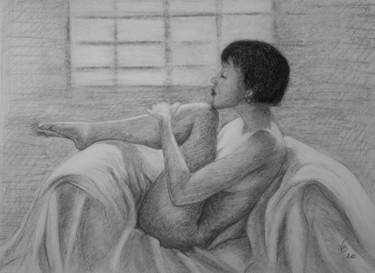 Dessin intitulée "nu à la fenêtre 3" par Véronique Boulanger, Œuvre d'art originale, Crayon