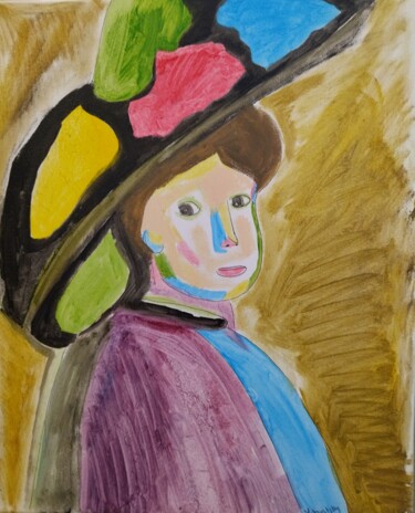 Peinture intitulée "Jeune femme au chap…" par Véronique Bustsky, Œuvre d'art originale, Huile Monté sur Châssis en bois