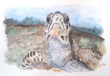 Painting titled "La tortue" by Dje Nny, Original Artwork, Watercolor