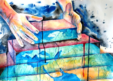 Schilderij getiteld "Caring hands build…" door Veronika Pozdniakova, Origineel Kunstwerk, Aquarel