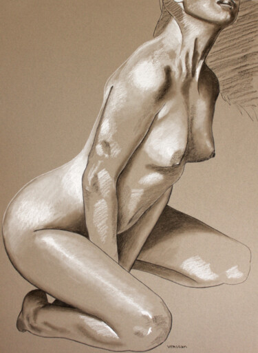 Drawing titled "Femme nue à genou" by Verssan, Original Artwork, Pastel