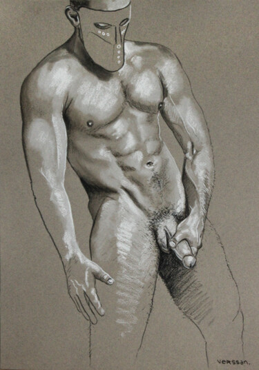 Drawing titled "Homme masqué" by Verssan, Original Artwork, Pastel