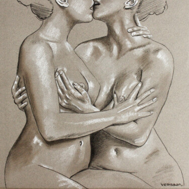 Dessin intitulée "Couple de femmes" par Verssan, Œuvre d'art originale, Pastel