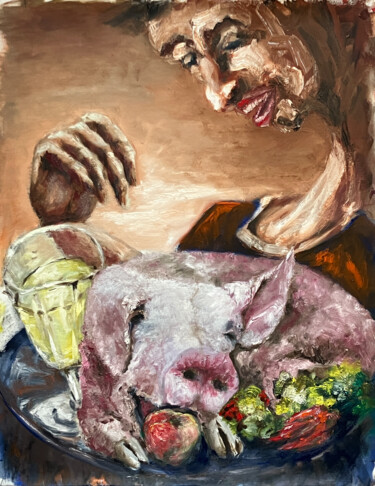 Painting titled "Serving Pork" by Filip Callewaert, Original Artwork, Oil