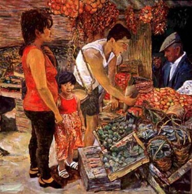 Painting titled "Mercato siciliano n…" by Vesco Rosario, Original Artwork, Oil