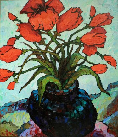 Peinture intitulée "Red flowers." par Valery Veselovsky, Œuvre d'art originale, Huile
