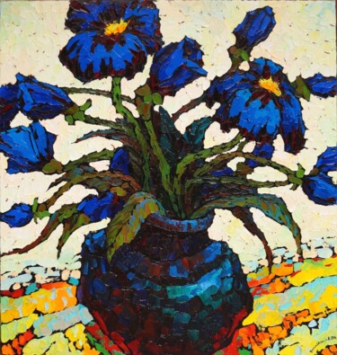 Malerei mit dem Titel "Dark blue flowers." von Valery Veselovsky, Original-Kunstwerk, Öl