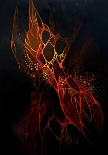 Painting titled "Fire Matrix" by Vesta Shi, Original Artwork, Acrylic Mounted on Wood Stretcher frame
