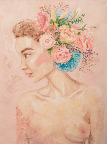 Pintura intitulada "Girl with flowers" por Vetrinna, Obras de arte originais, Óleo Montado em Armação em madeira